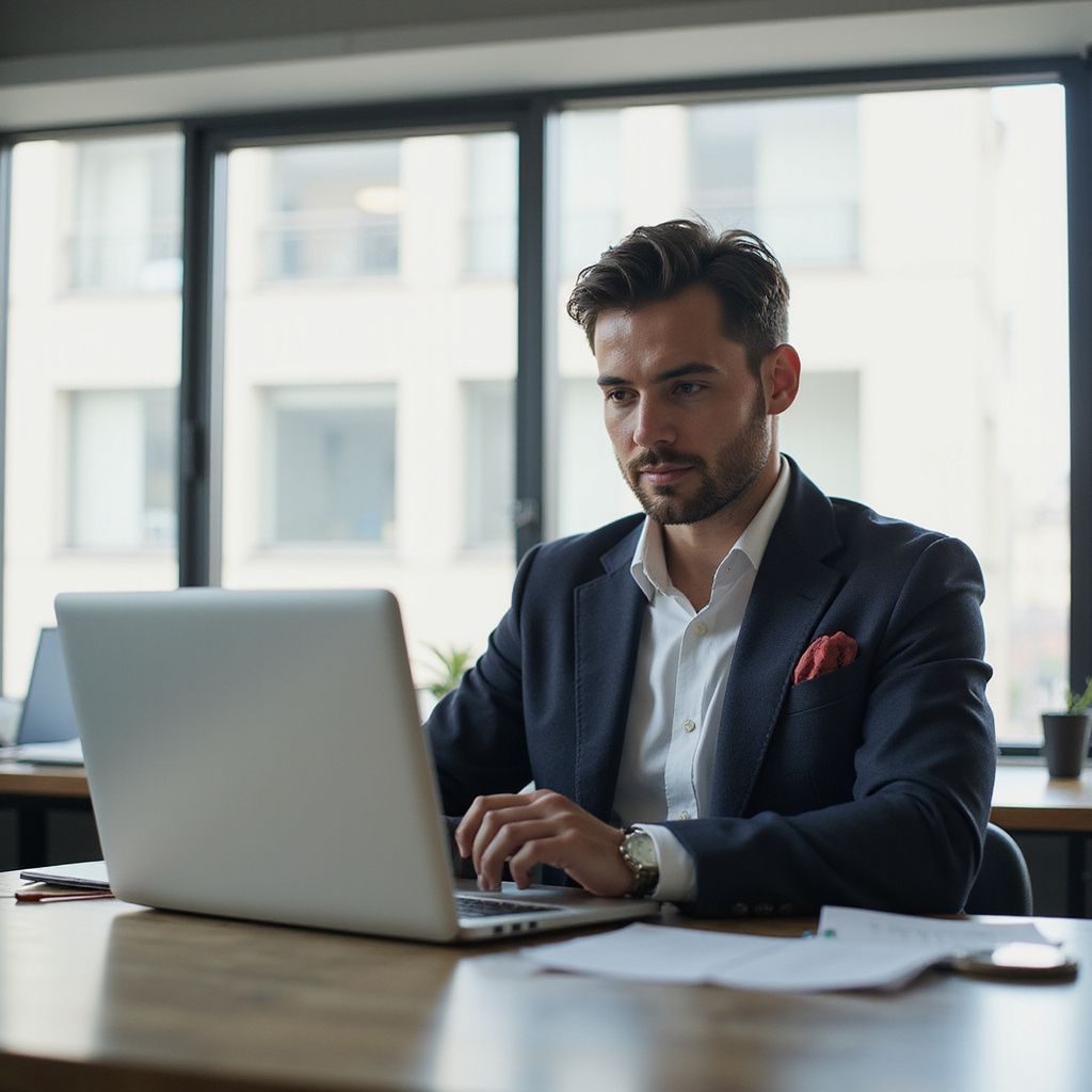 Man in a suit working on a laptop at a desk near a window.