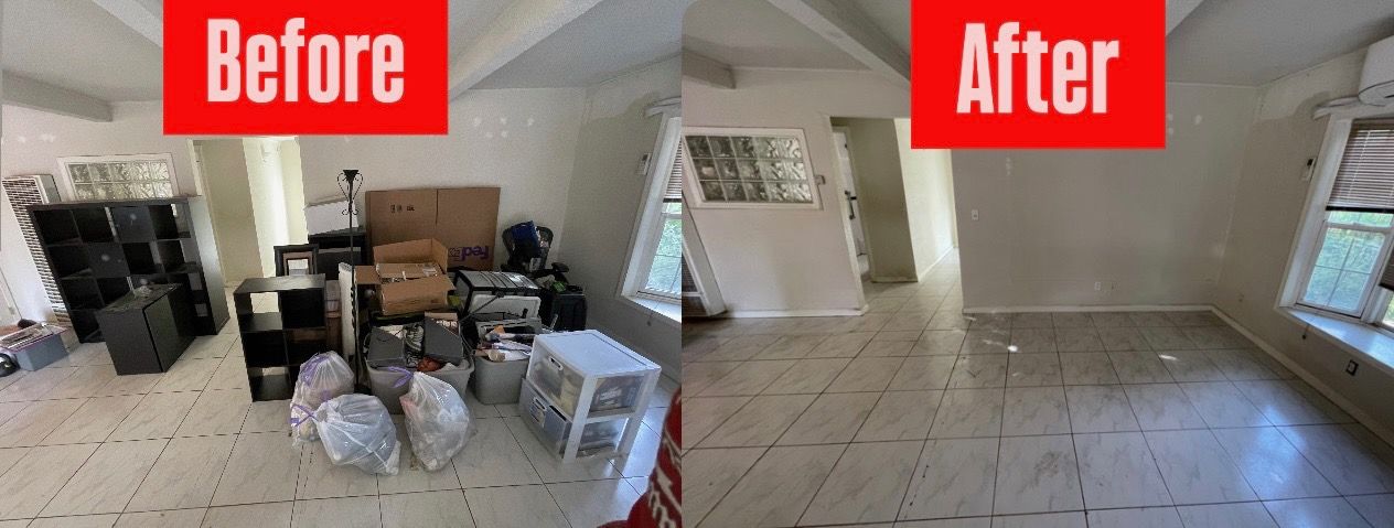 Before and after photo of a cluttered room, then a clean, empty room.