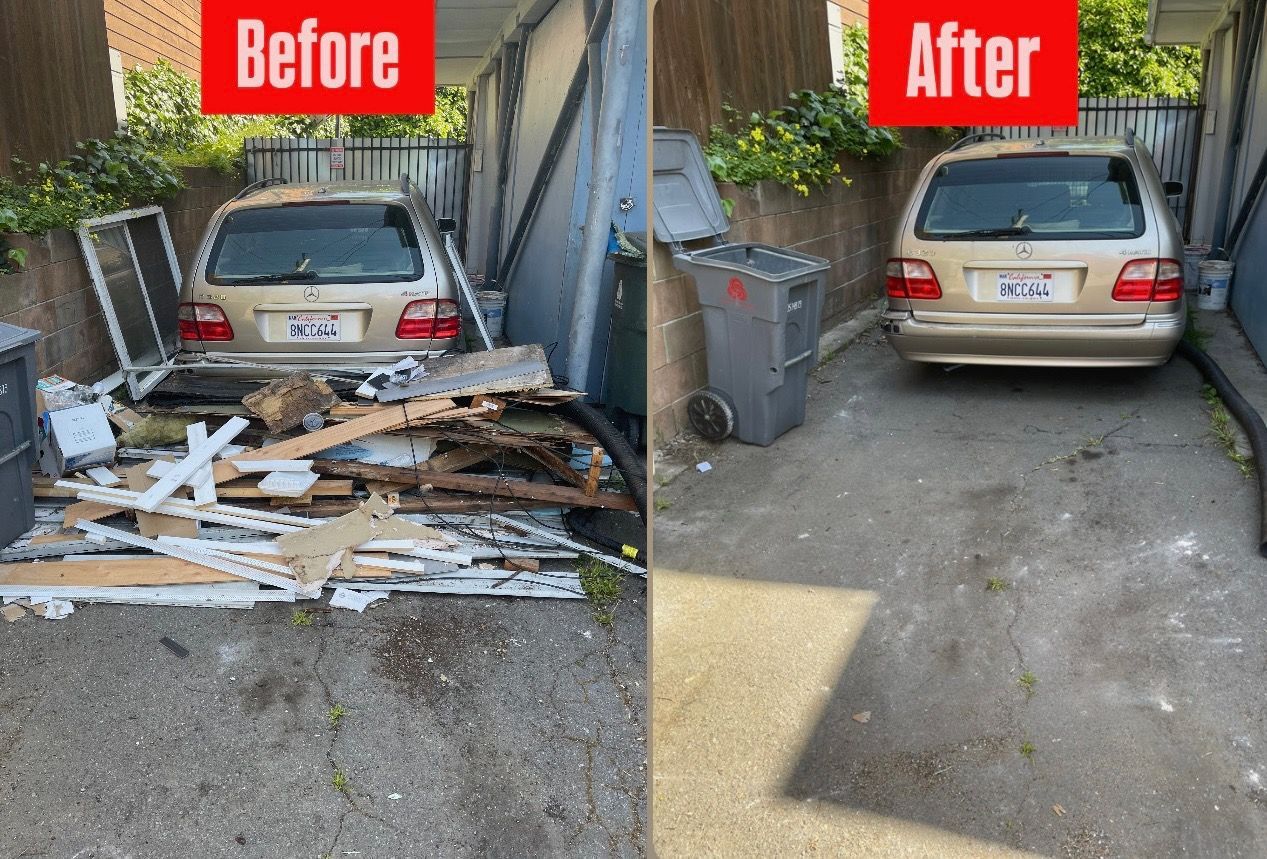 Before and after photos of a car parked in a cleared-out, cluttered alley.