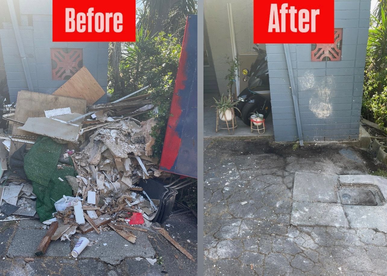 Before-and-after comparison: a pile of debris transformed into a clean paved area next to a building.