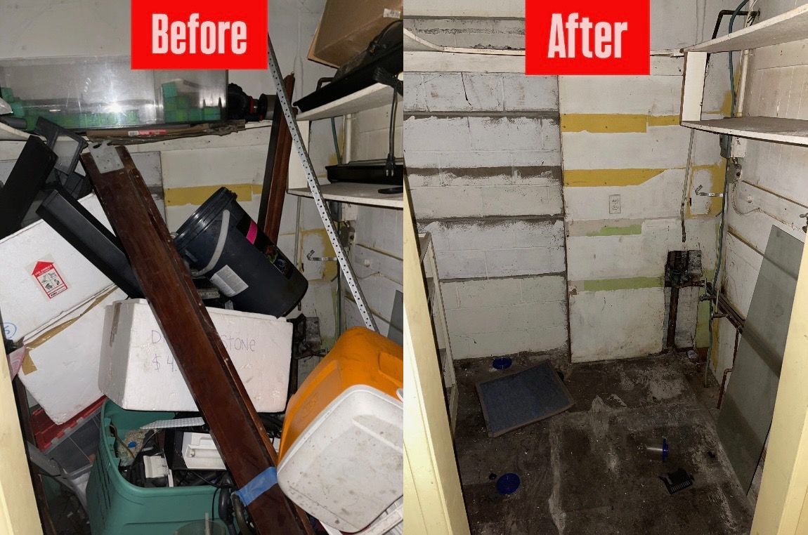 Comparison of a cluttered storage space (before) and a cleaned-out storage space (after).