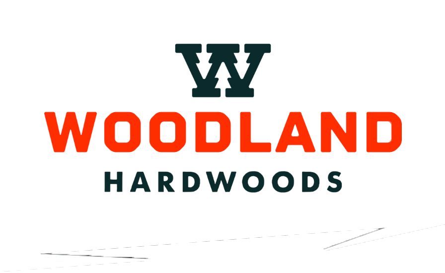 The logo for woodland hardwoods is red and black on a white background.