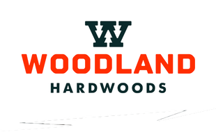 The logo for woodland hardwoods is red and black on a white background.