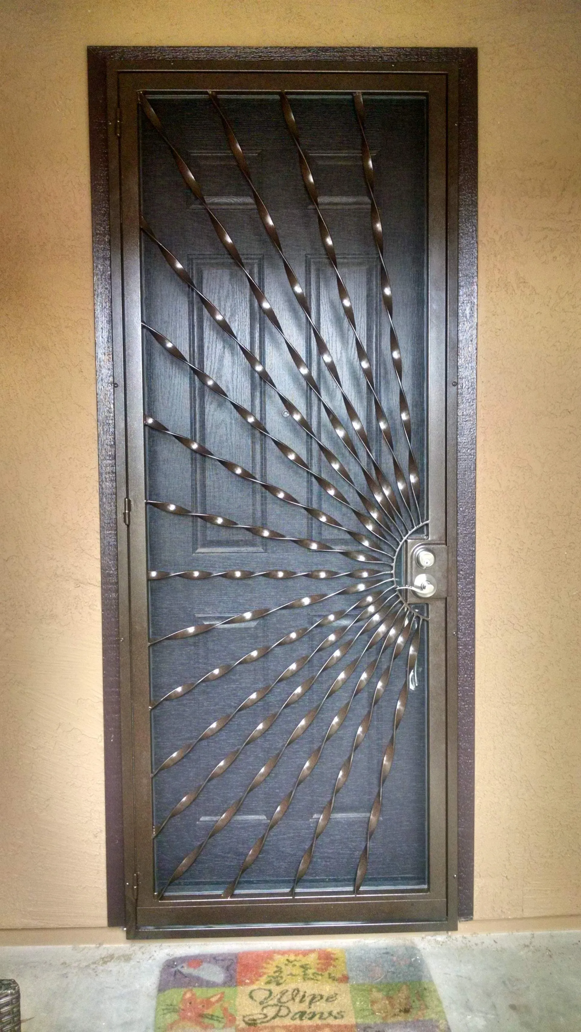 Dark metal security door with decorative, radiating bars. Doormat on concrete.