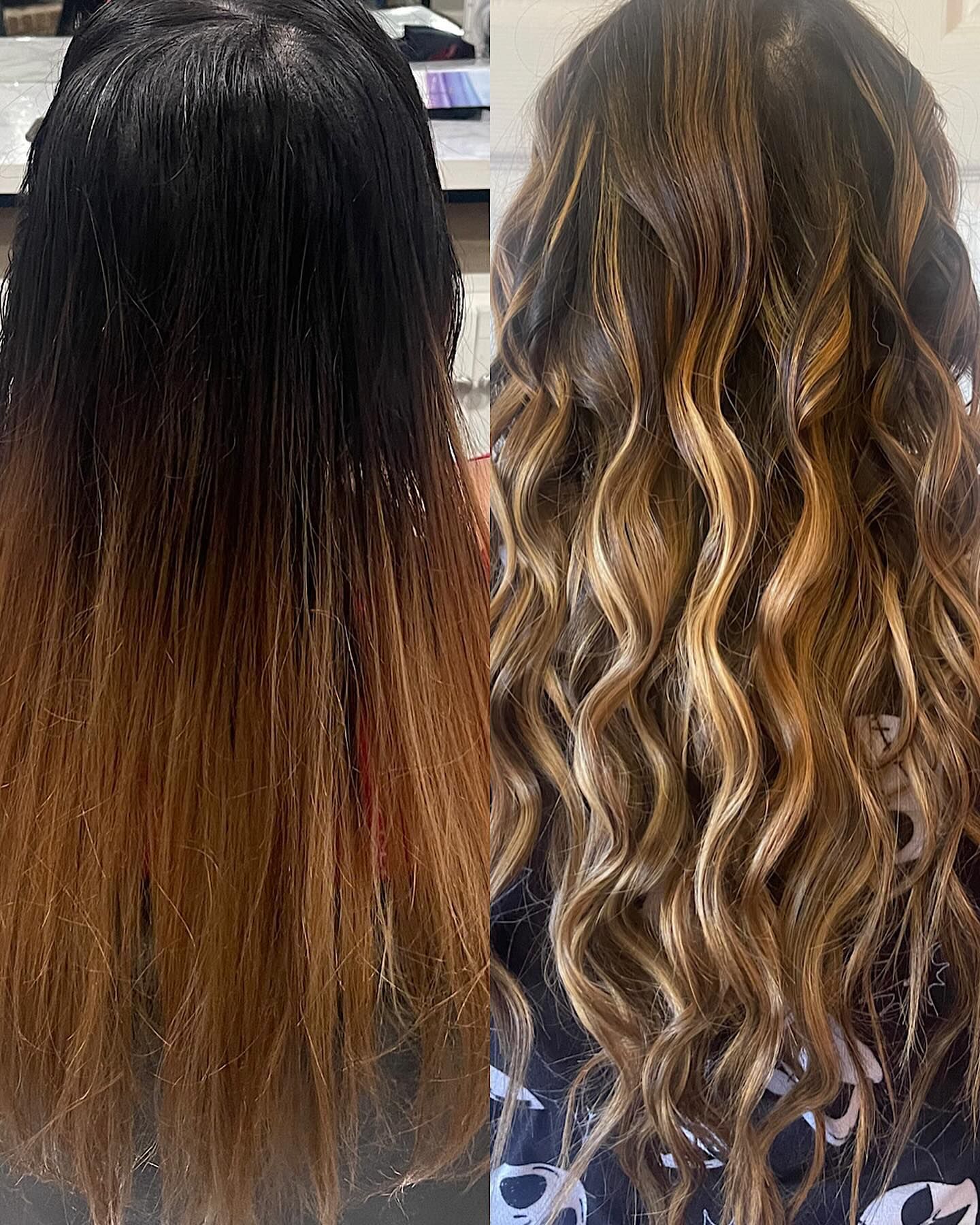 A before and after photo of a woman 's hair.