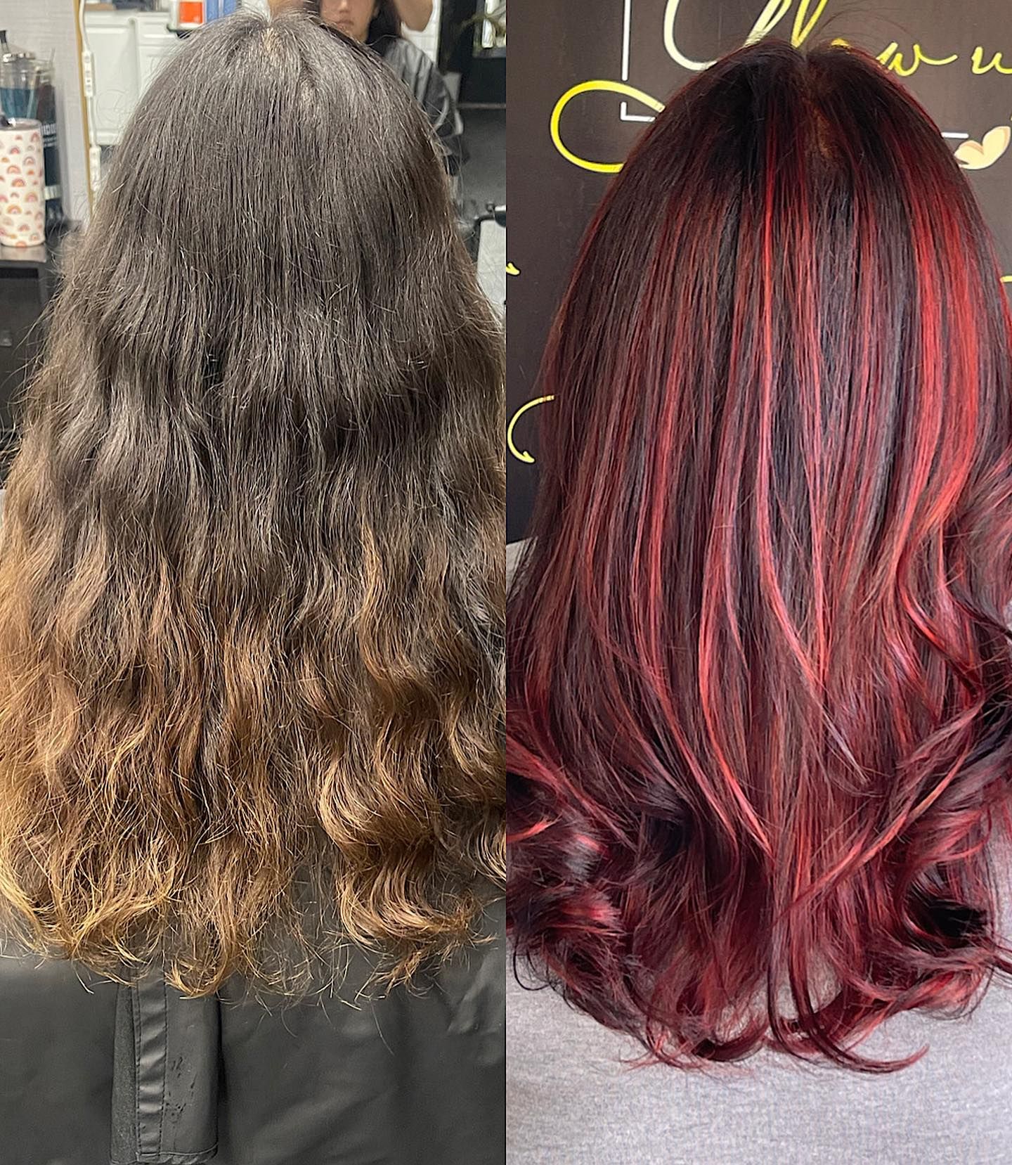 A before and after photo of a woman 's hair.