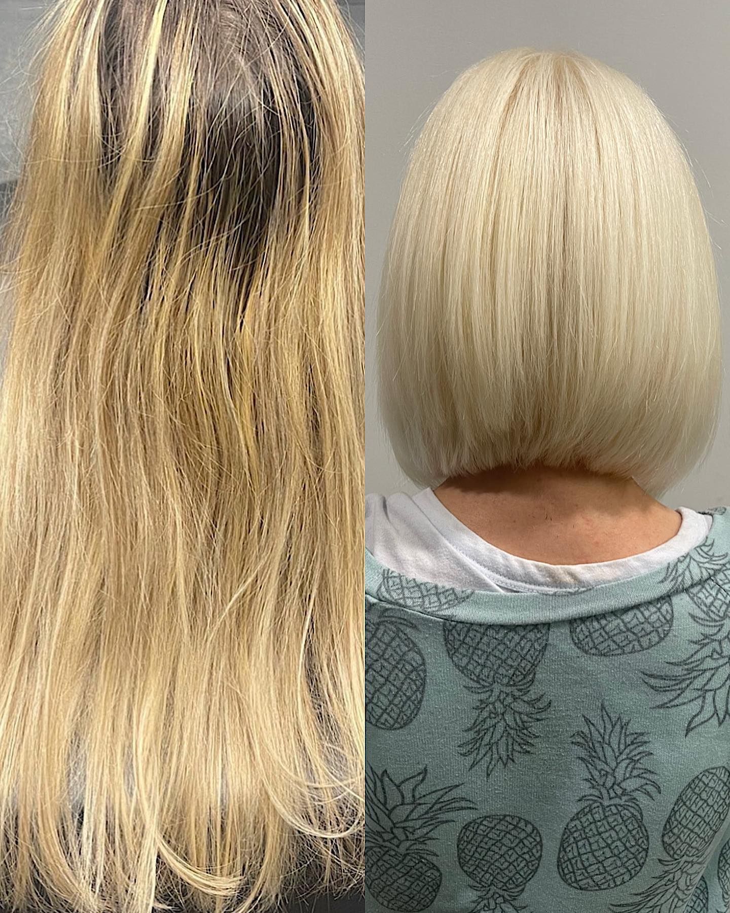A before and after photo of a woman 's hair.