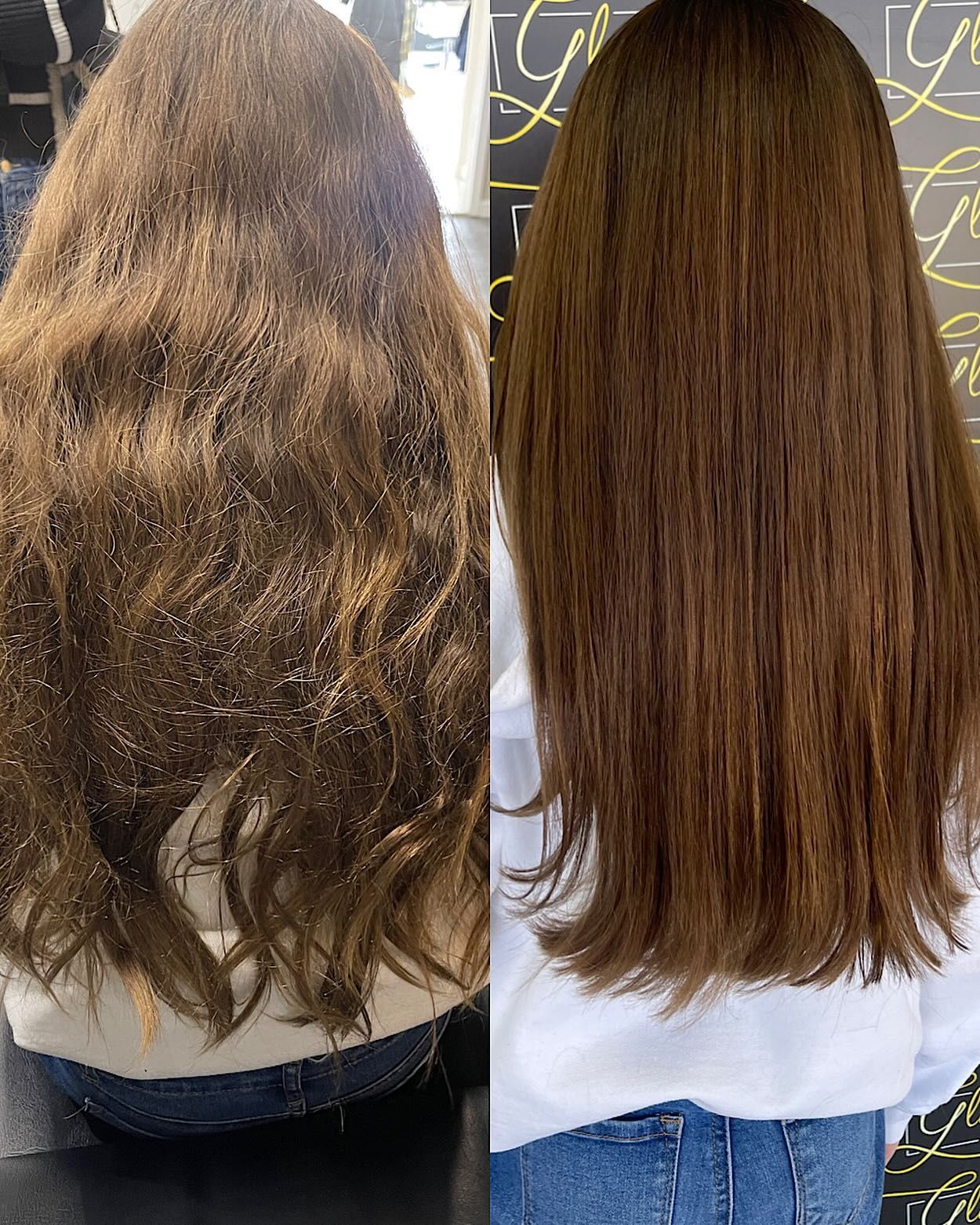 A before and after photo of a woman 's hair.
