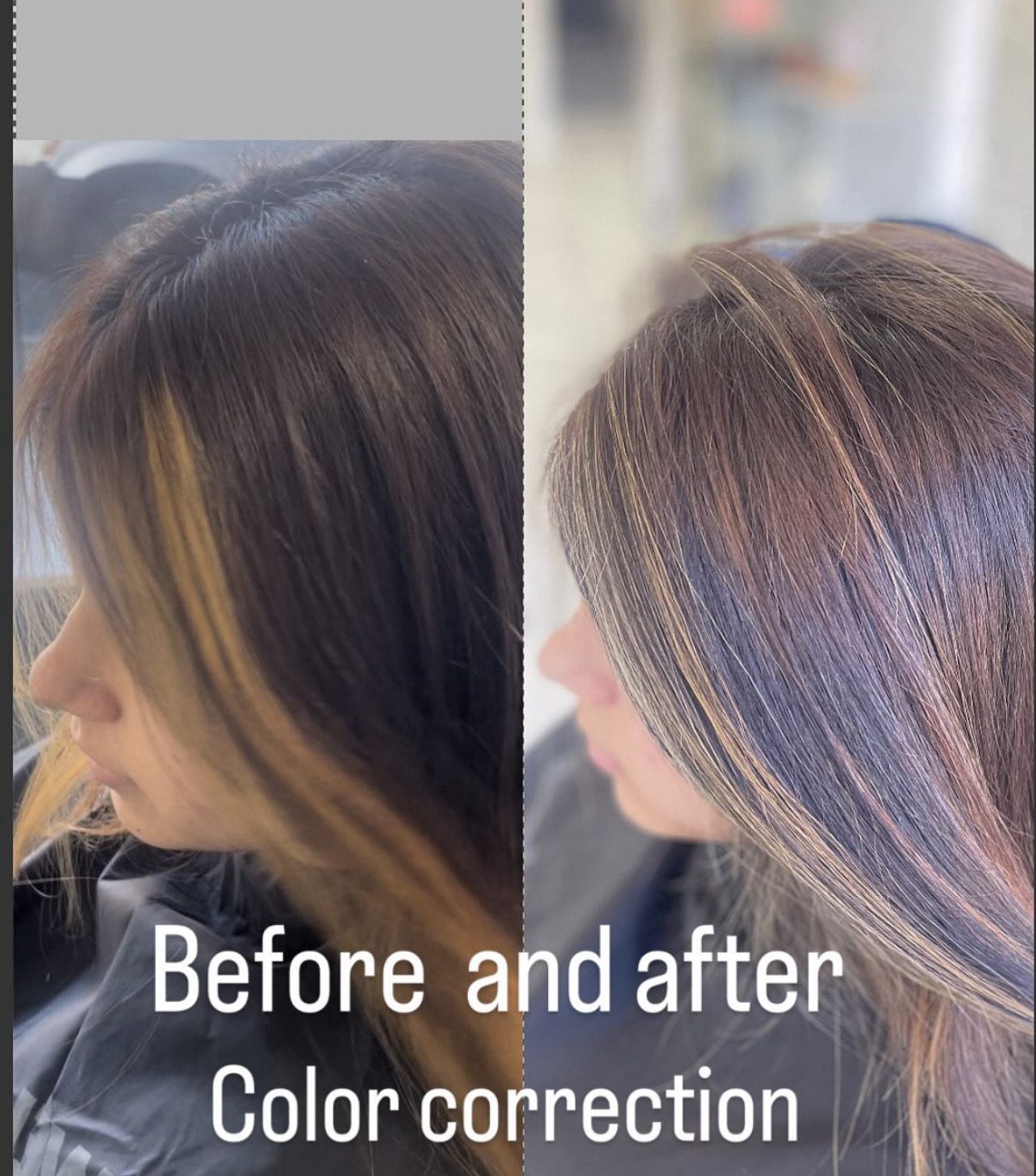 Two pictures of a woman 's hair before and after color correction