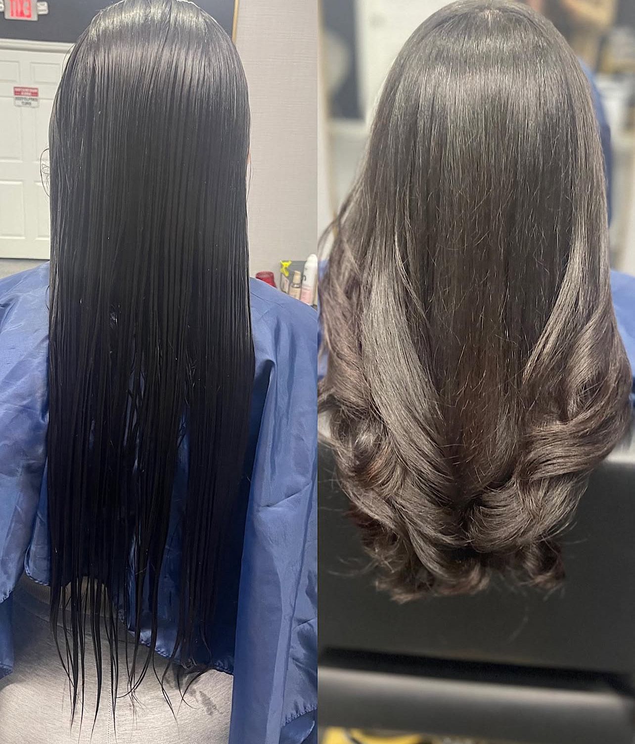A before and after picture of a woman 's hair in a salon.