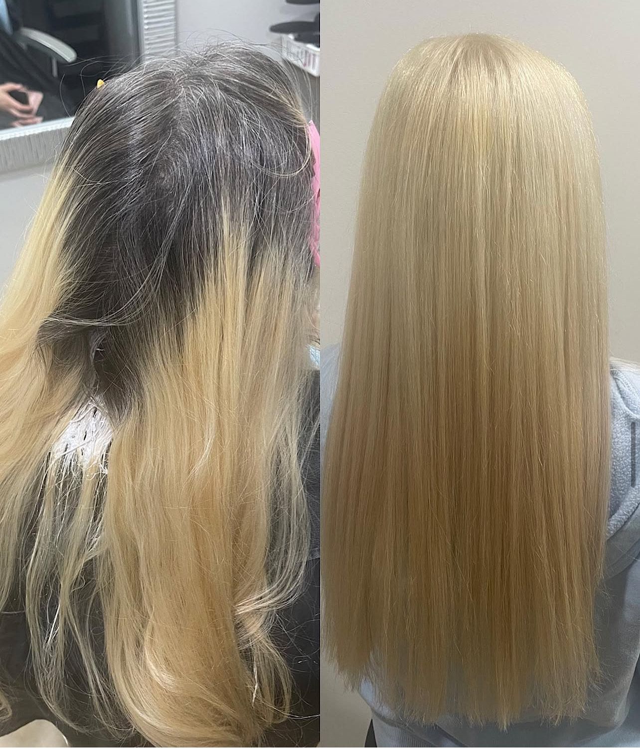 A before and after photo of a woman 's blonde hair.