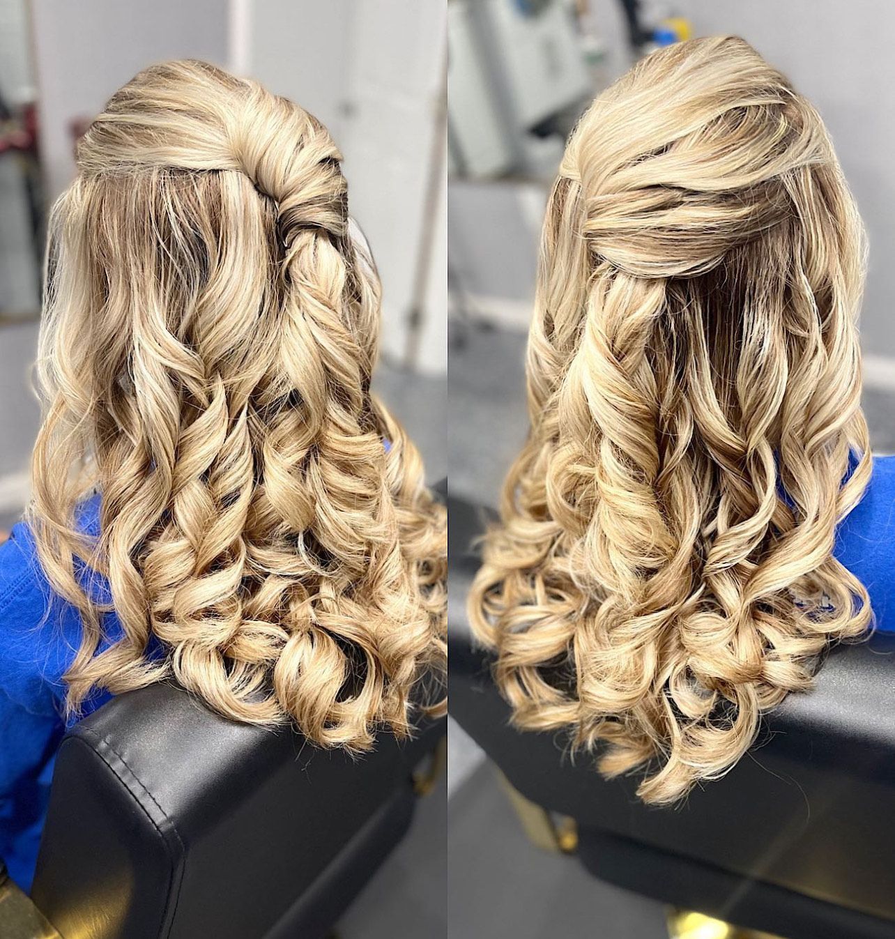 A woman is sitting in a chair with her hair in a half up half down hairstyle.