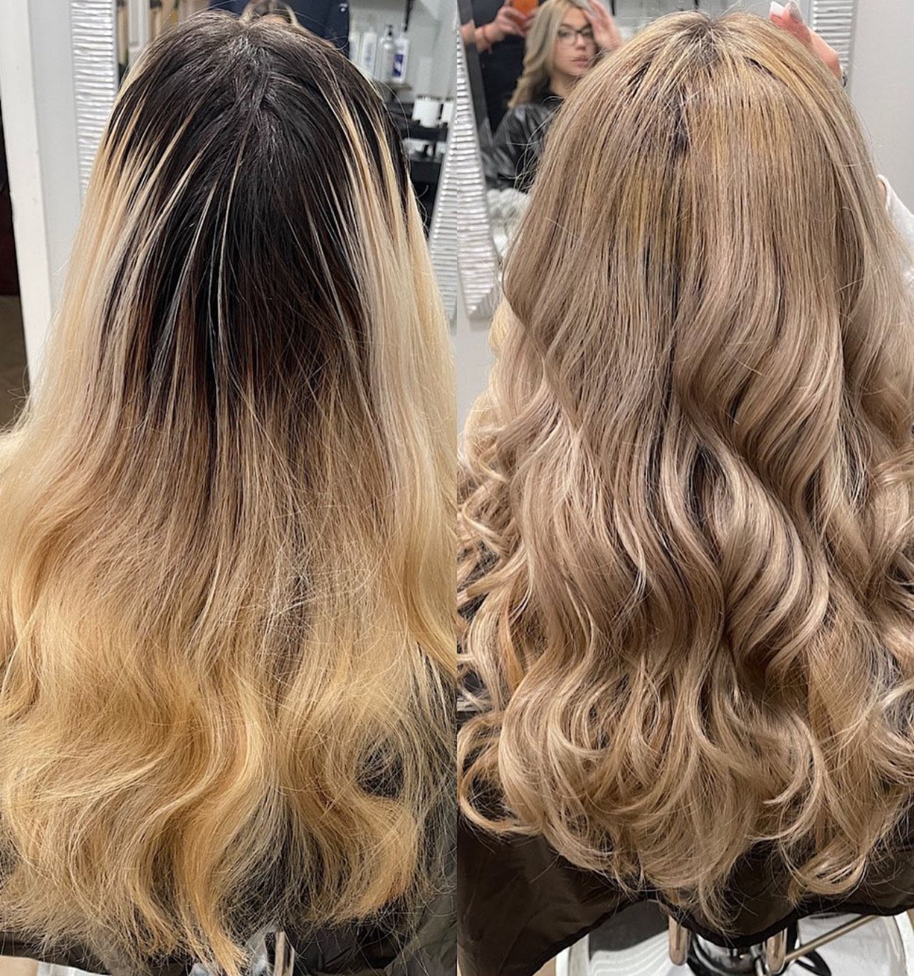 A woman with long blonde hair is sitting in front of a mirror.