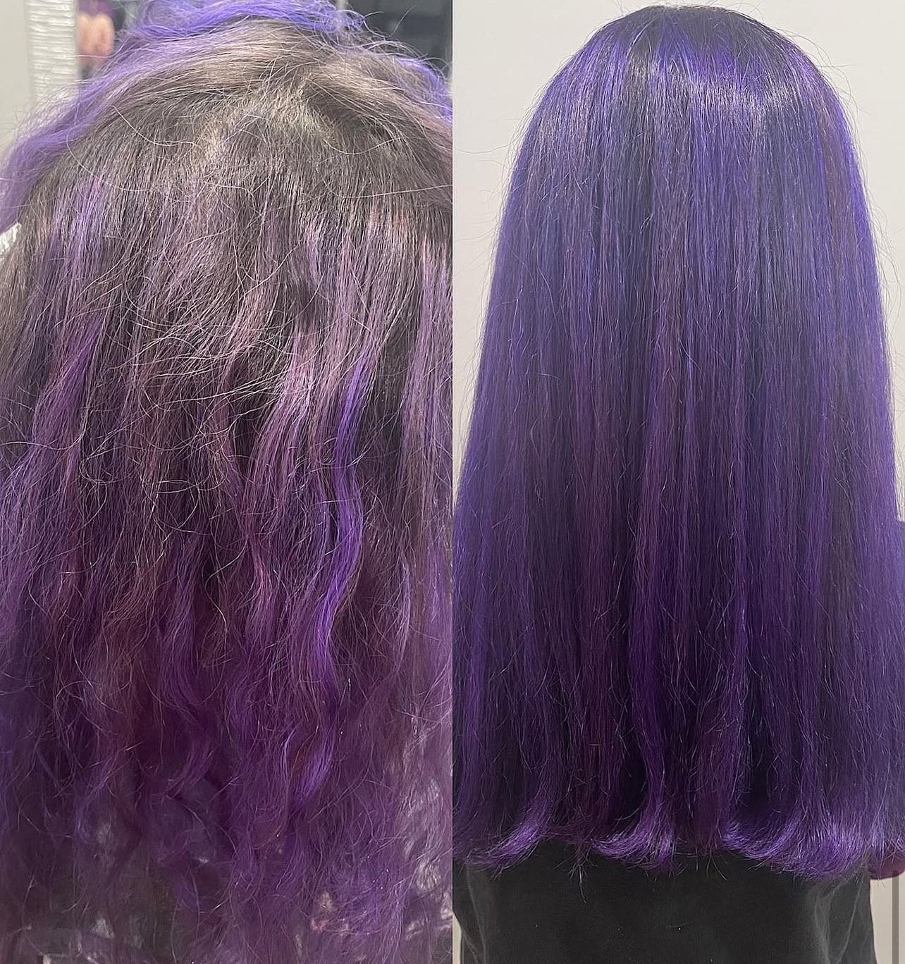 A before and after photo of a woman 's purple hair.