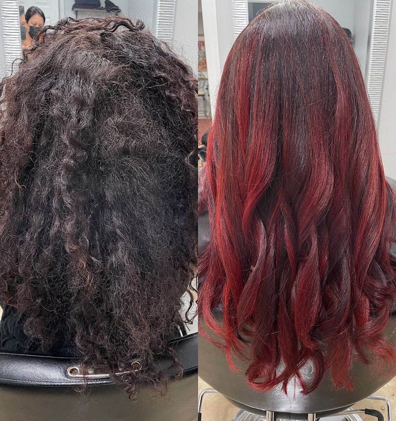 A woman 's hair is shown before and after being dyed red.