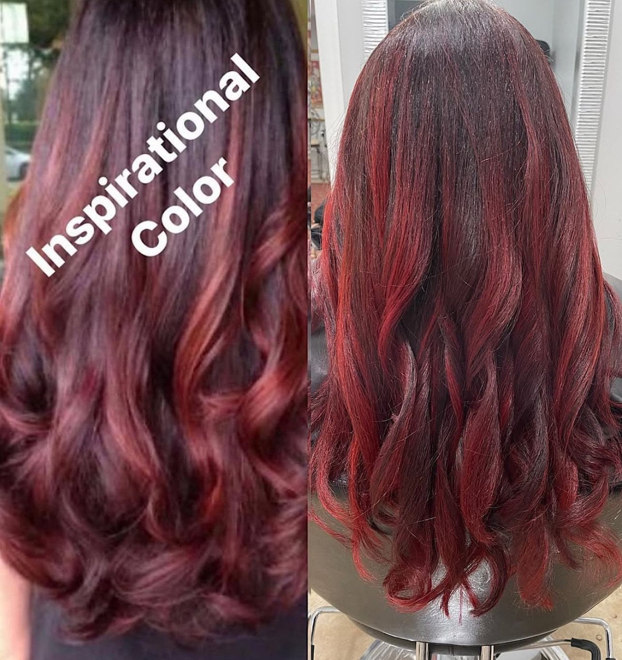 A before and after photo of a woman 's hair with the caption inspirational color