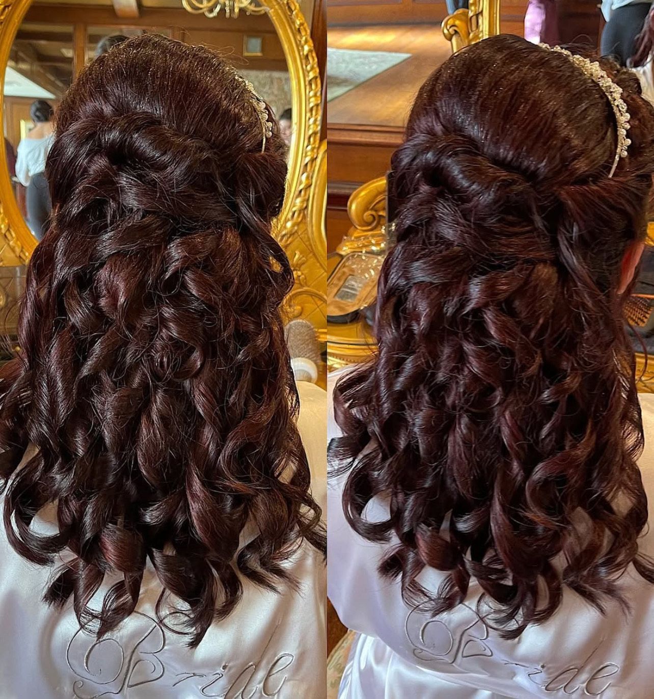 A woman with long brown hair is wearing a half up half down hairstyle.