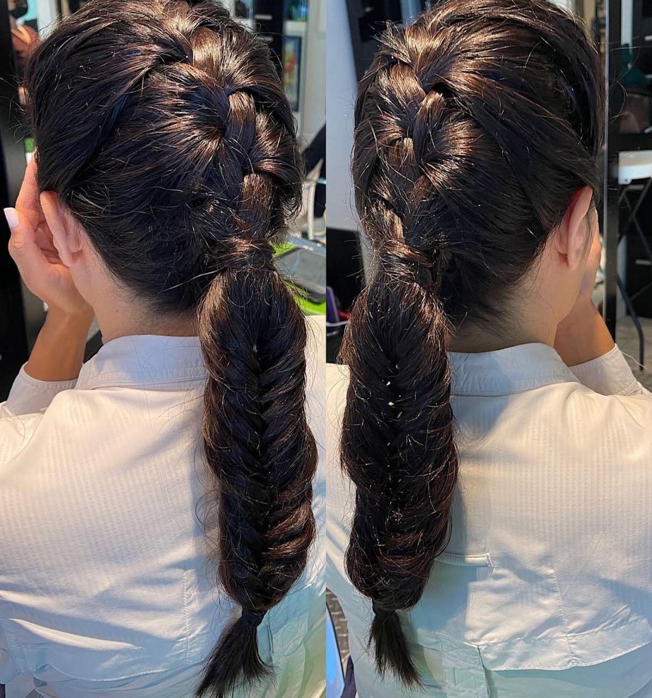 A woman wearing a white shirt and a braided ponytail