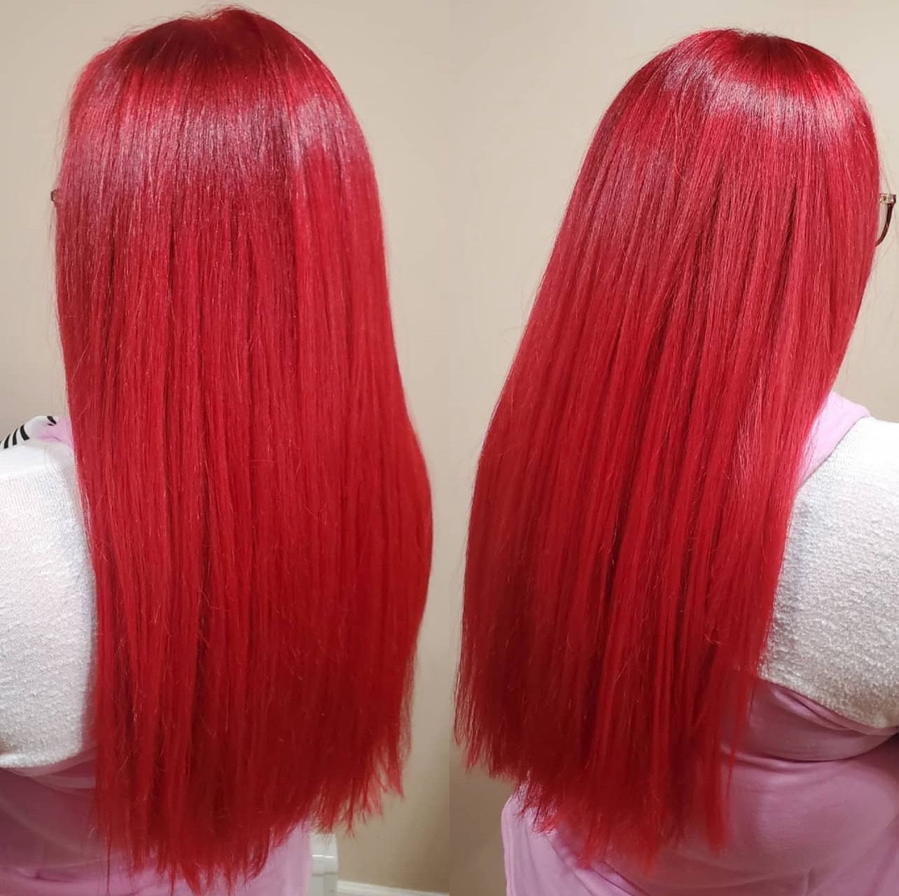 Two women with long red hair are standing next to each other