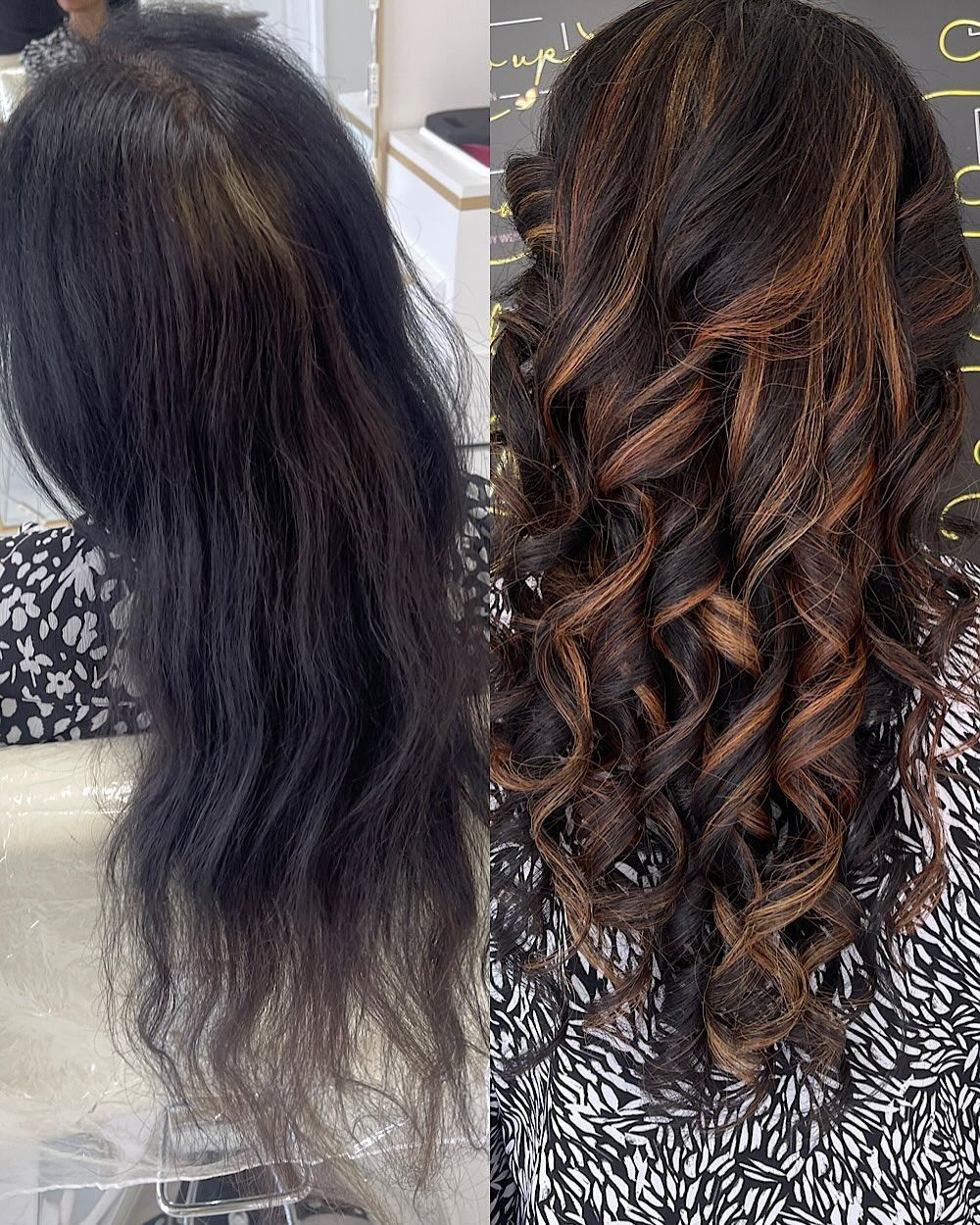 A before and after photo of a woman 's hair.