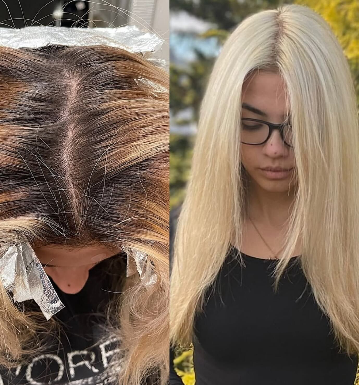 A woman with blonde hair is wearing glasses and a black shirt.