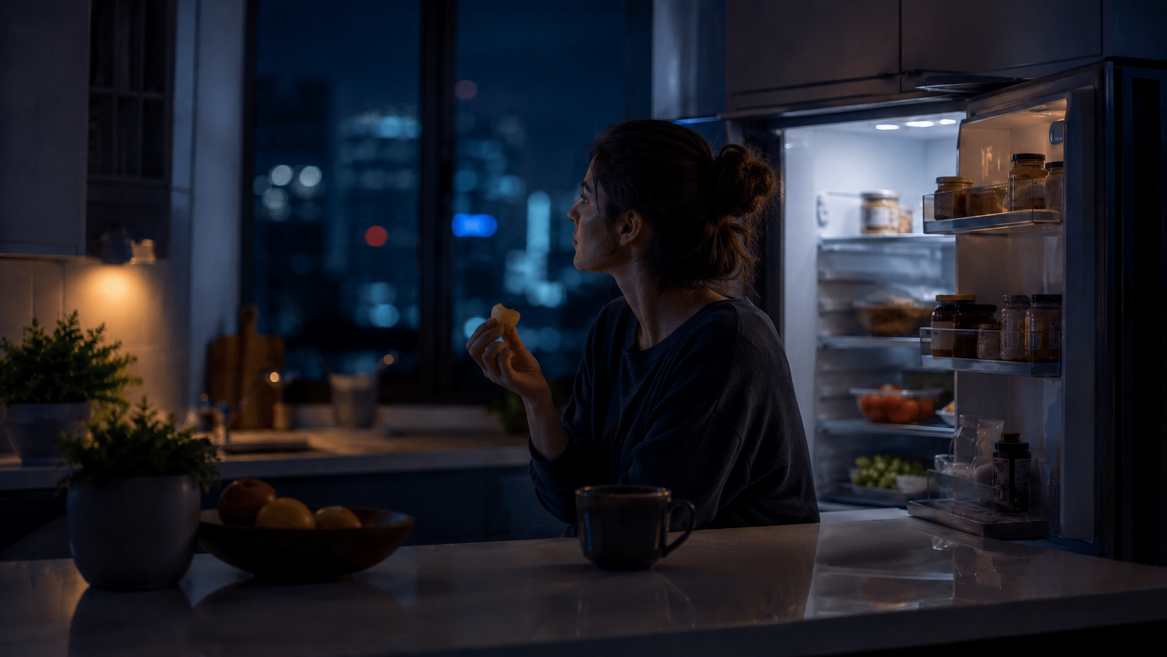 Nighttime eating hypnosis showing late-night cravings, emotional eating, stress eating