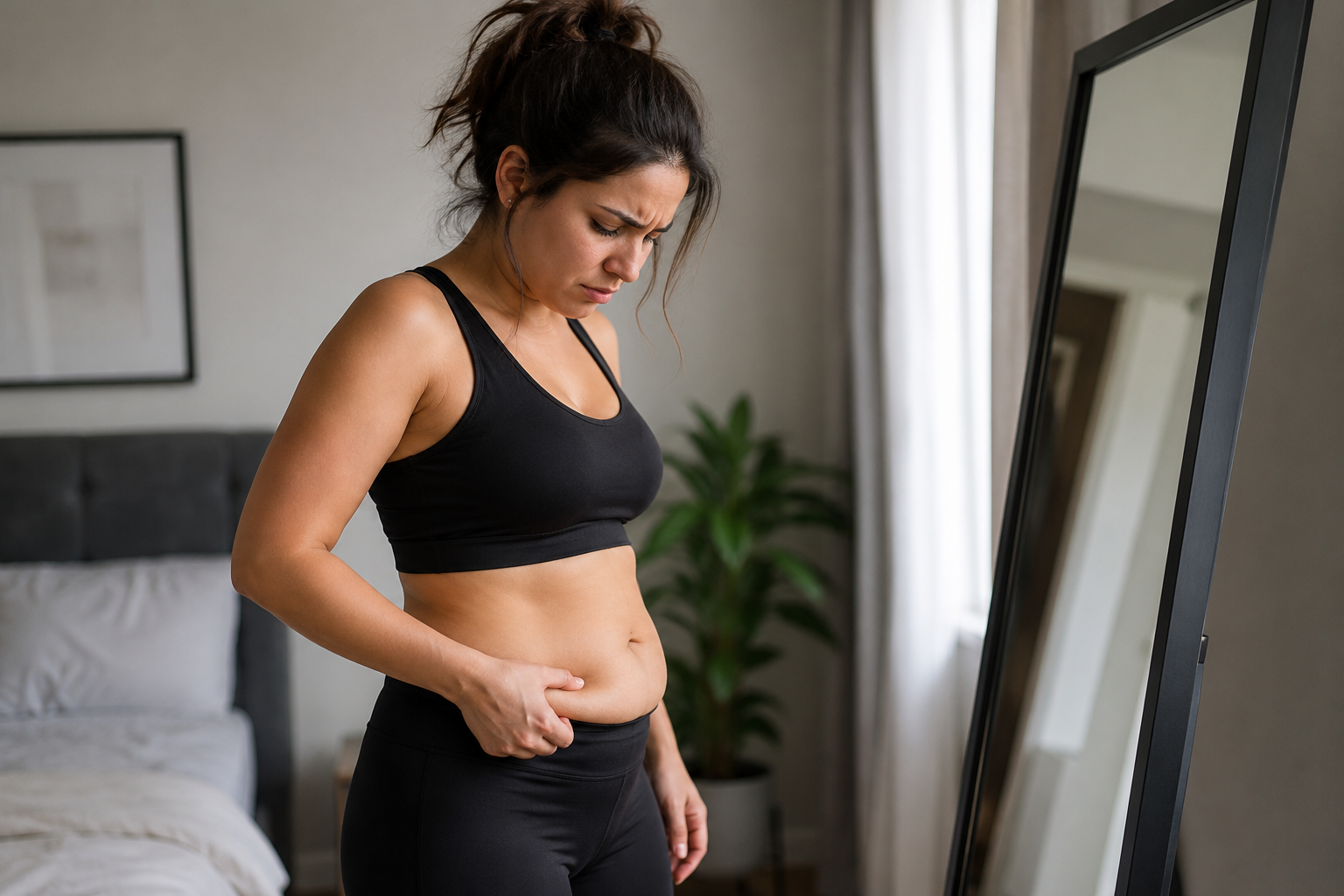 Woman frustrated with her midsection, representing body-image shame, emotional eating, food cravings