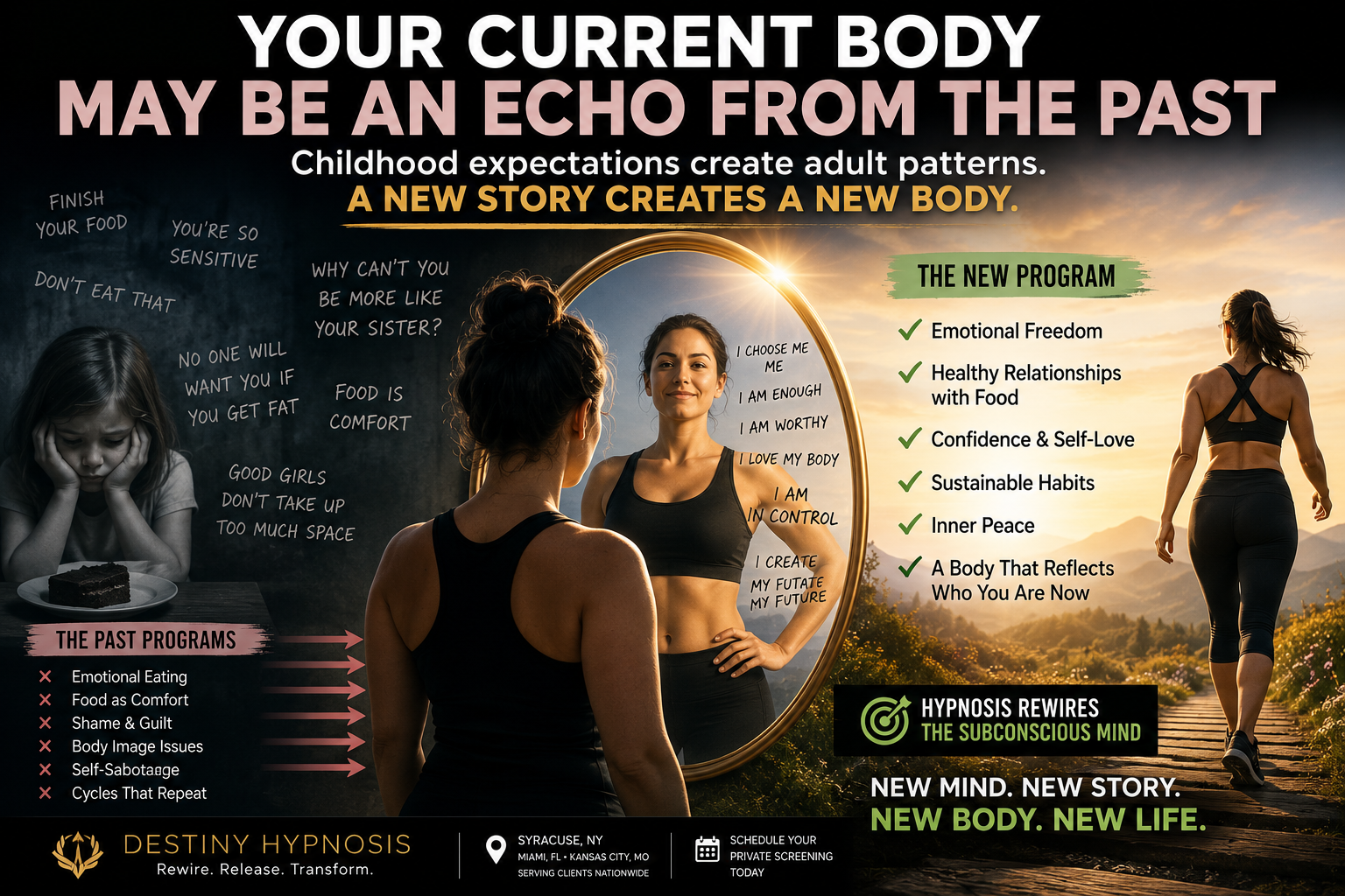 Adult woman seeing her younger self in a mirror, representing childhood expectations