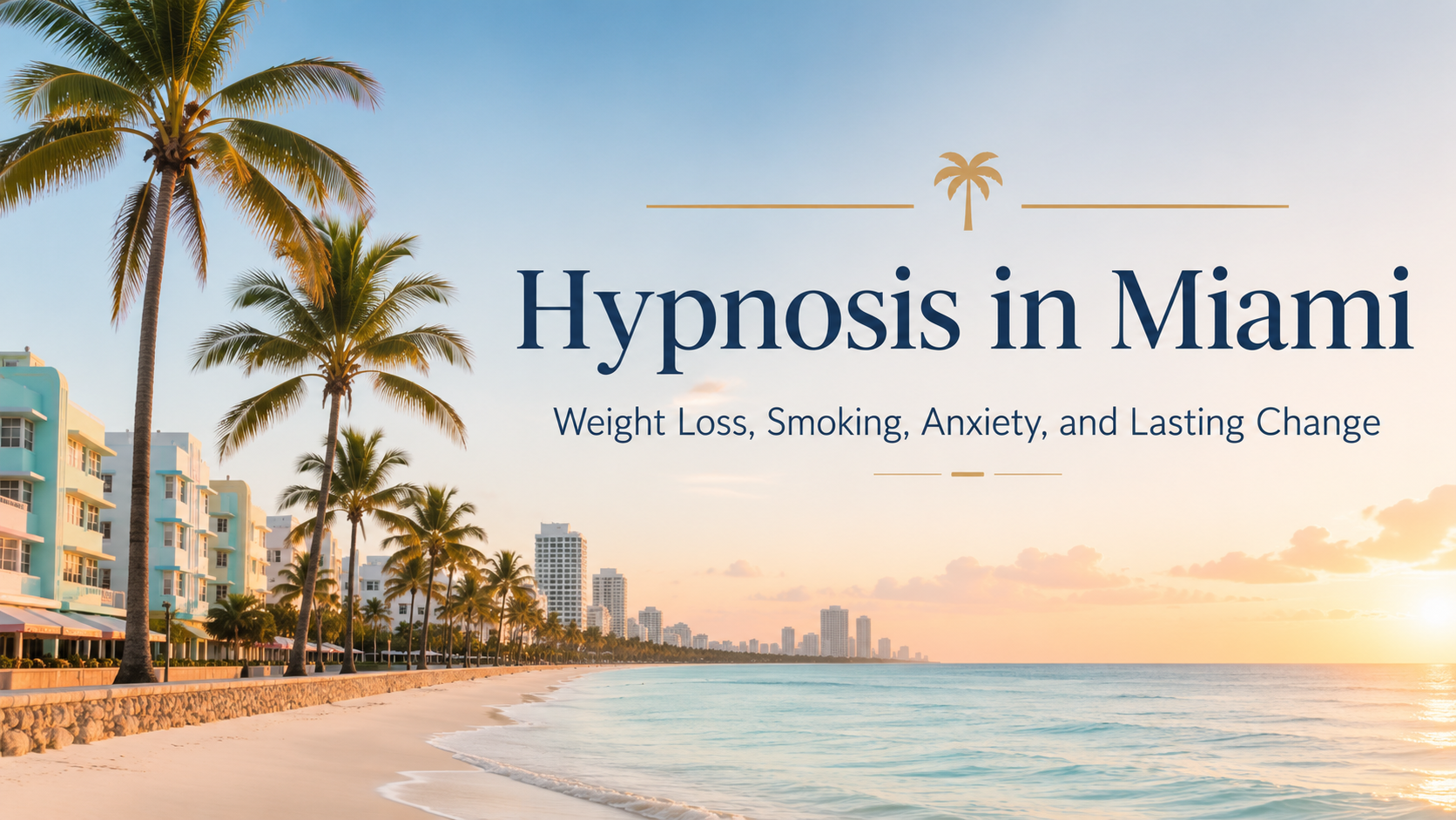 Miami Beach skyline, palm trees, and ocean representing hypnosis in Miami for weight loss, smoking 