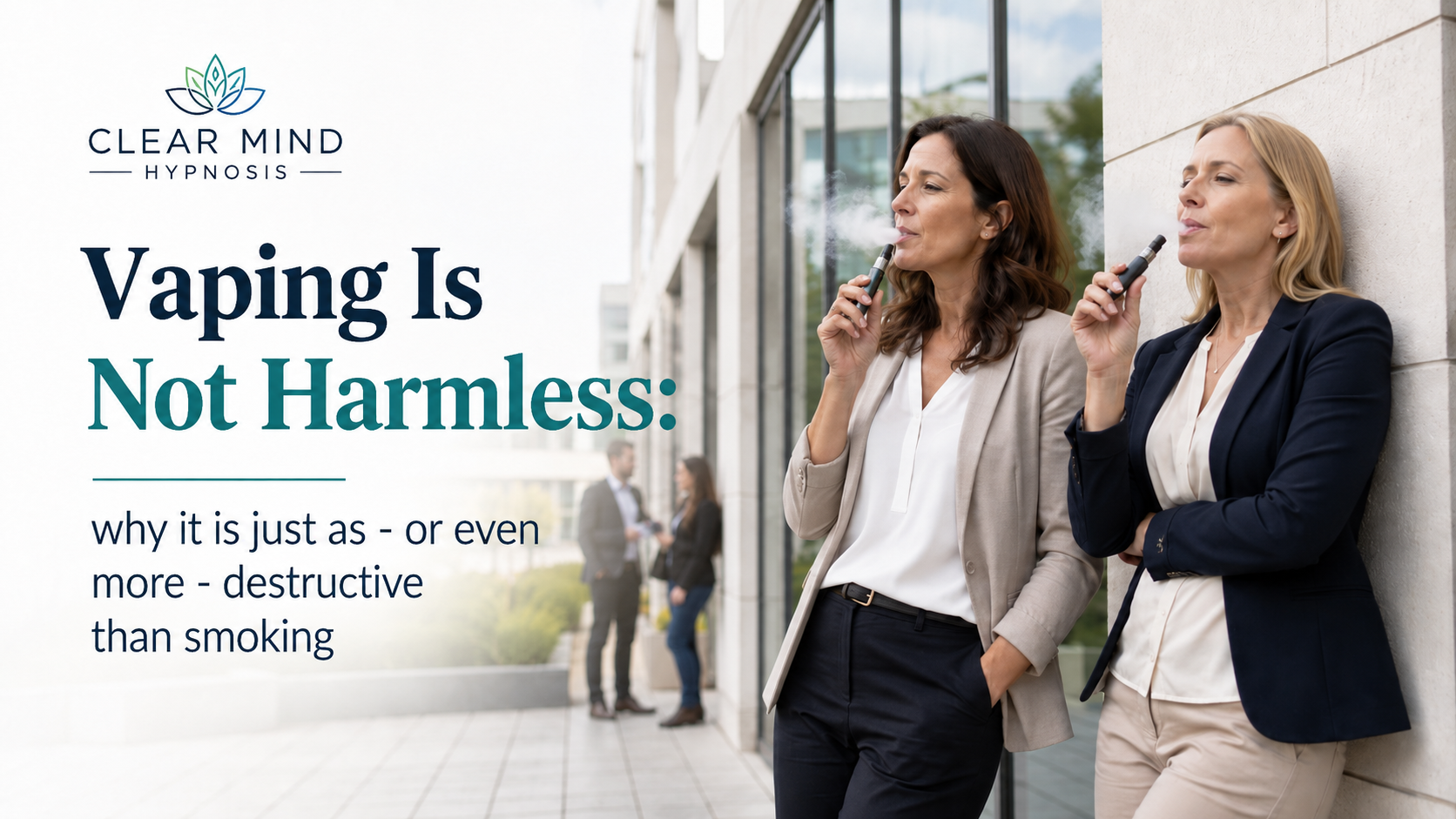 Two professional women vaping outside a workplace, representing nicotine dependence, vaping cessatio