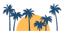 A row of palm trees silhouetted against a sunset.