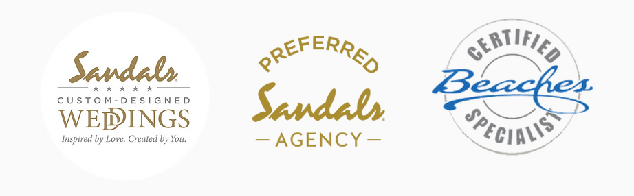 Three logos for sandals preferred weddings sandals agency and certified beaches specialist