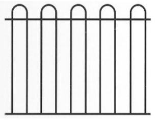 A black and white drawing of a metal fence on a white background.