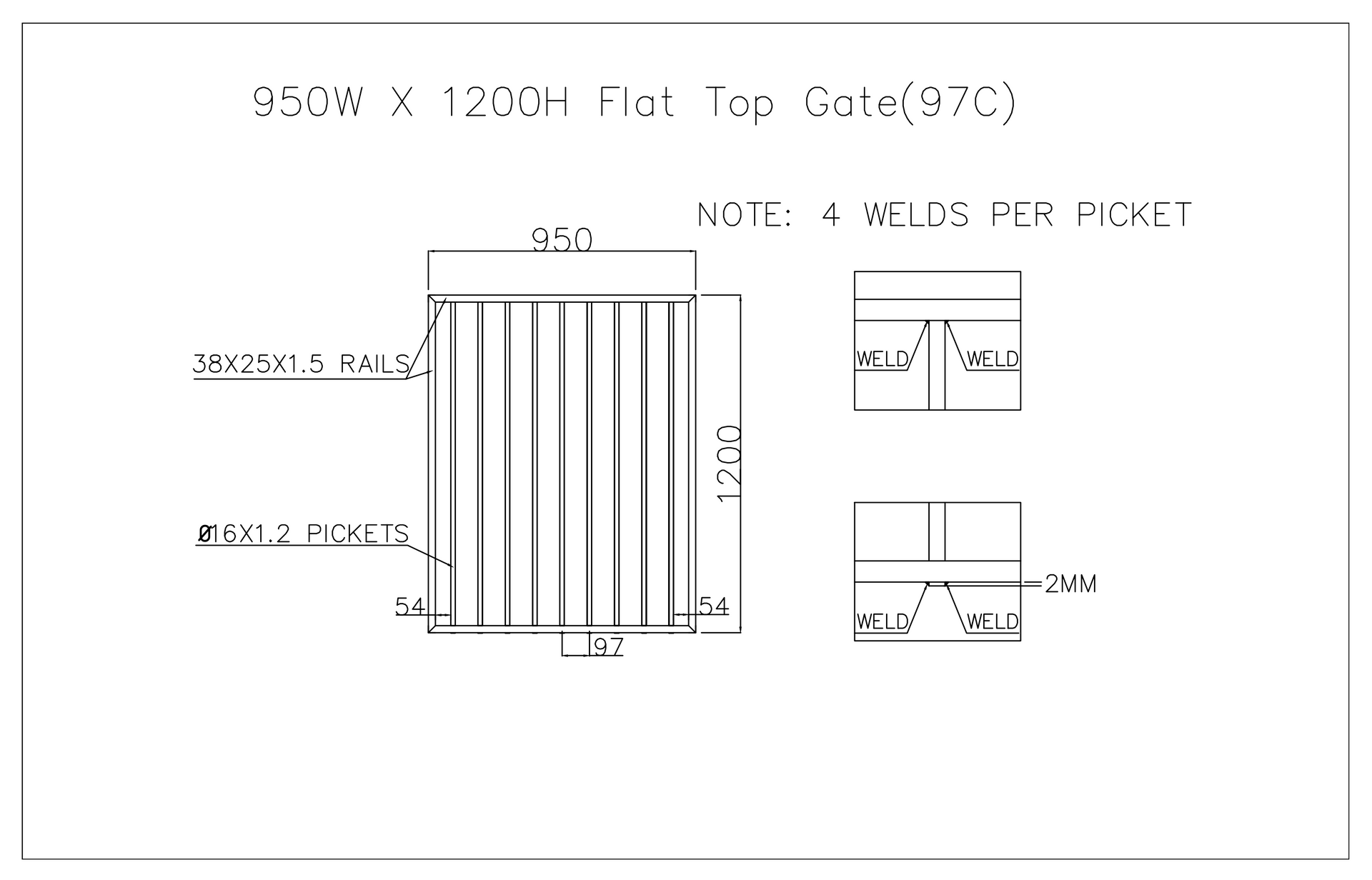 A black and white drawing of a gate with measurements