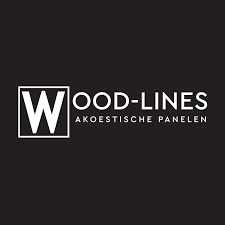 Het logo voor akoestische panelen van Wood-Lines staat op een zwarte achtergrond.