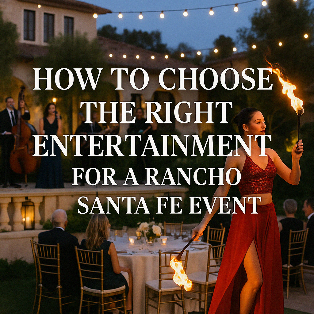 A fire dancer in a red dress performs with flaming torches at an elegant outdoor event.