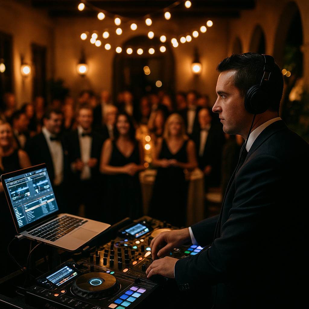 A well-dressed DJ in a navy suit performs at an upscale evening event, focused on his equipment.