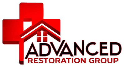 Red cross and house logo for Advanced Restoration Group.