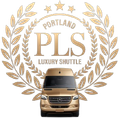 The logo for portland pls luxury shuttle shows a gold van with a laurel wreath around it.