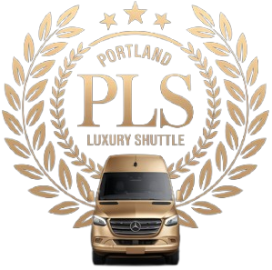 The logo for portland pls luxury shuttle shows a gold van with a laurel wreath around it.