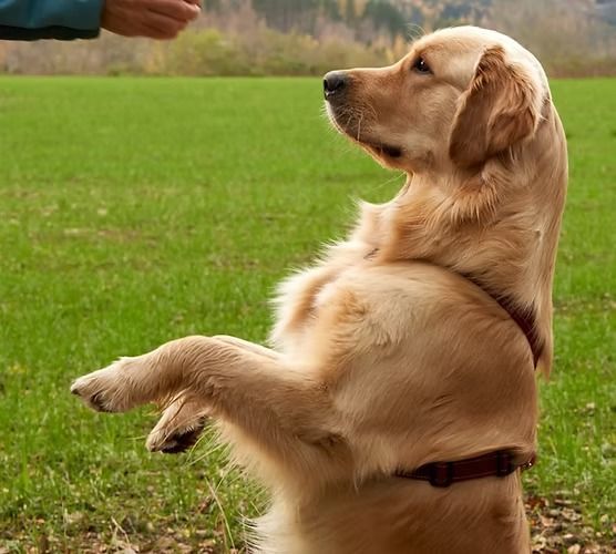 A dog is standing on its hind legs in a grassy field.
