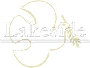 Lakeside logo with stylized floral design in light yellow and gray text.