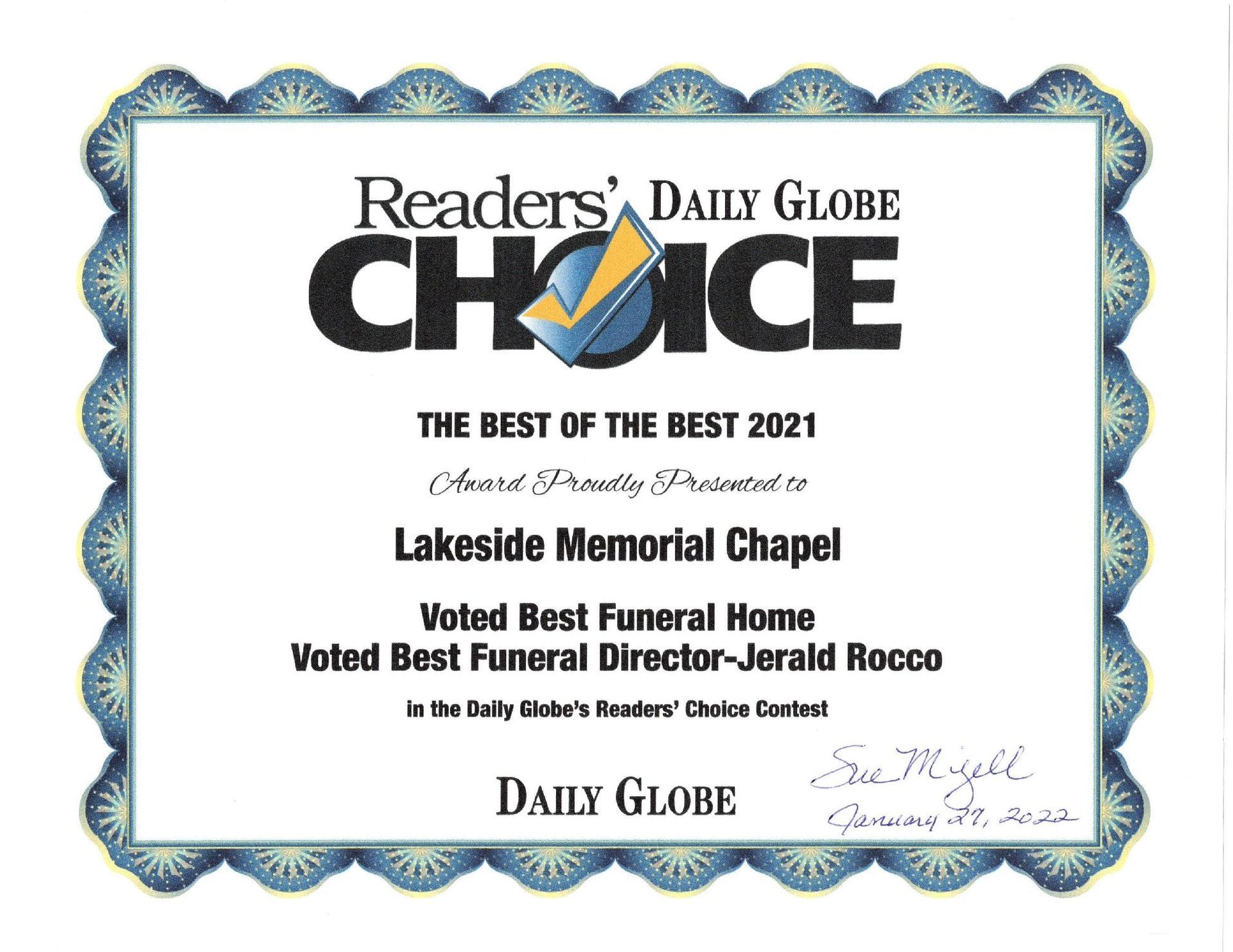 Award certificate for Lakeside Memorial Chapel, voted best funeral home and Jerald Recco, voted best funeral director, by Daily Globe.