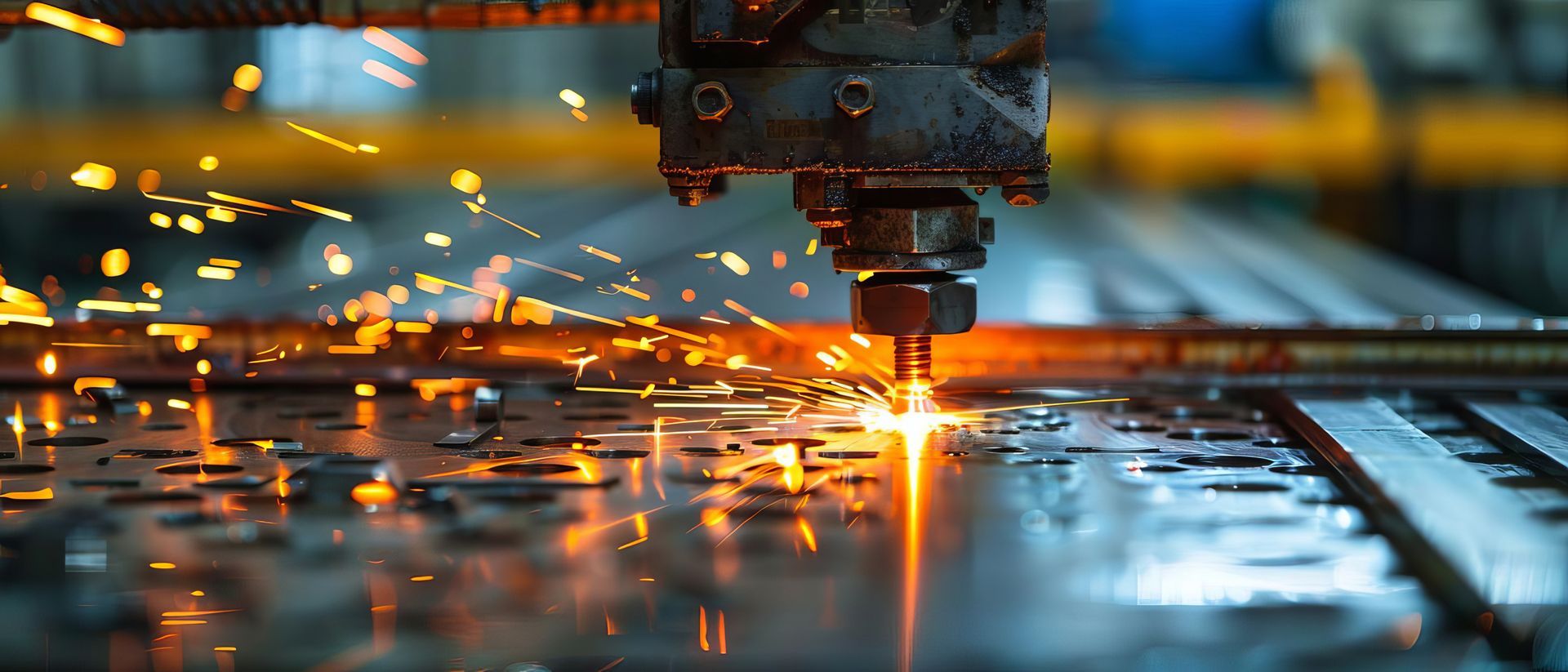 View of steel metal fabrication in process with machine making dents on sheet of metal. View of steel metal fabrication in process with machine making dents on sheet of metal.
