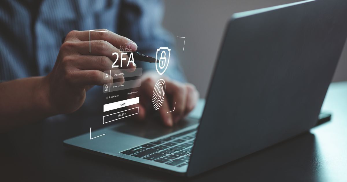 A person using a laptop with a 2FA security interface overlayed. A fingerprint scan and shield icon are visible.