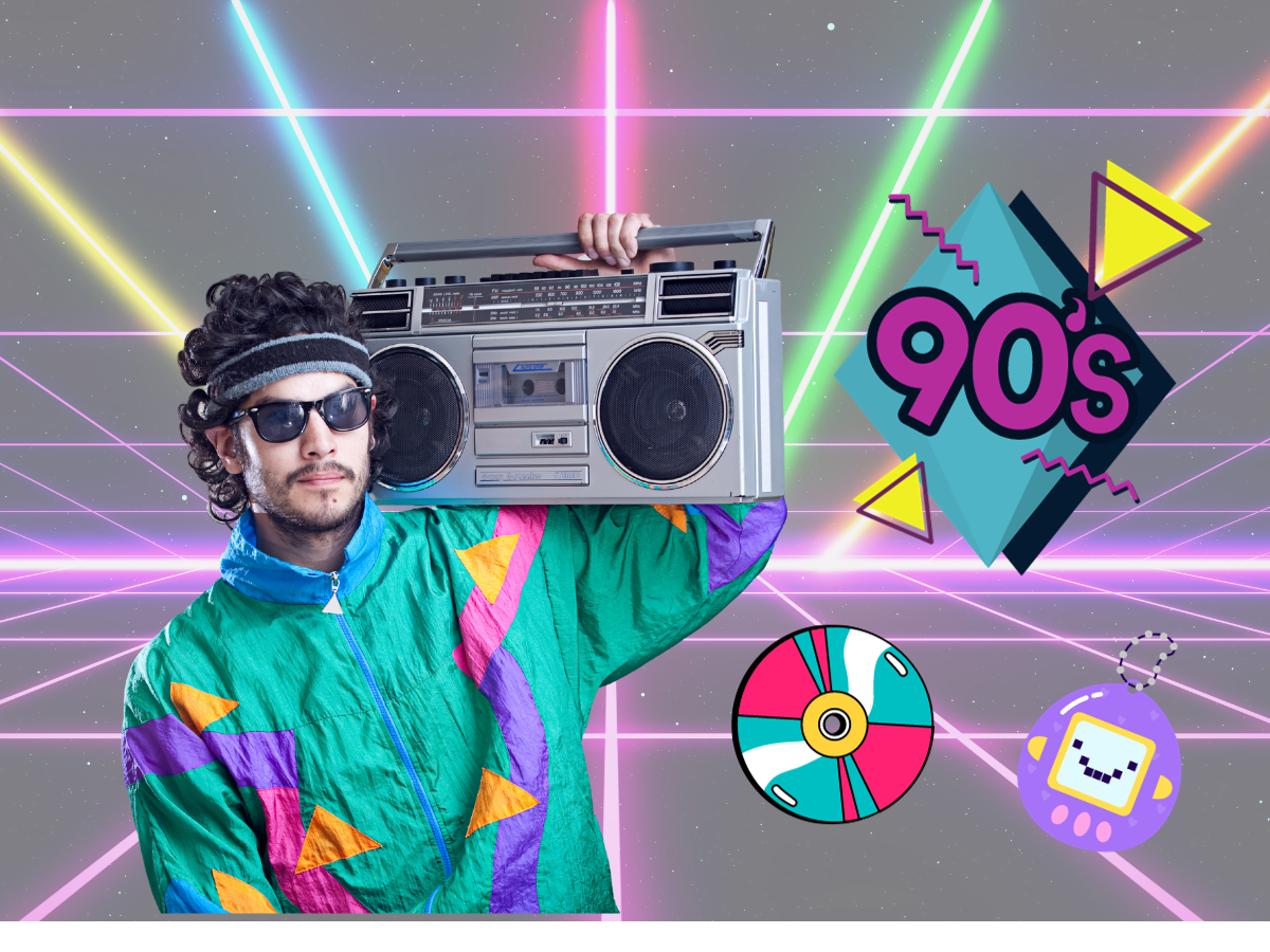 A person in a 90s windbreaker holds a boombox against a neon grid background with icons of a CD and a digital pet.