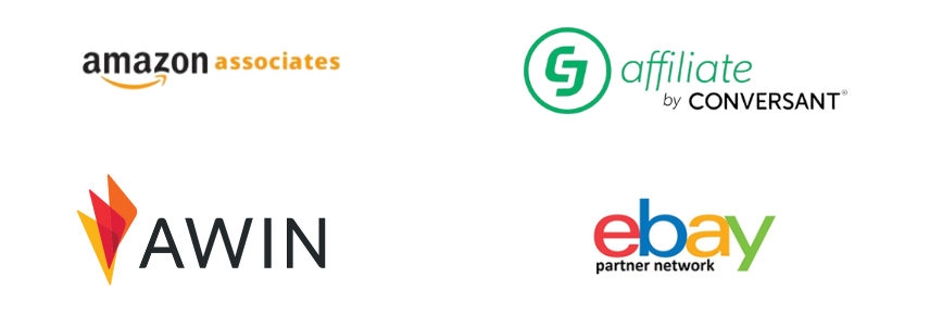 Logos for affiliate marketing networks: Amazon Associates, CJ Affiliate by Conversant, AWIN, and eBay Partner Network.