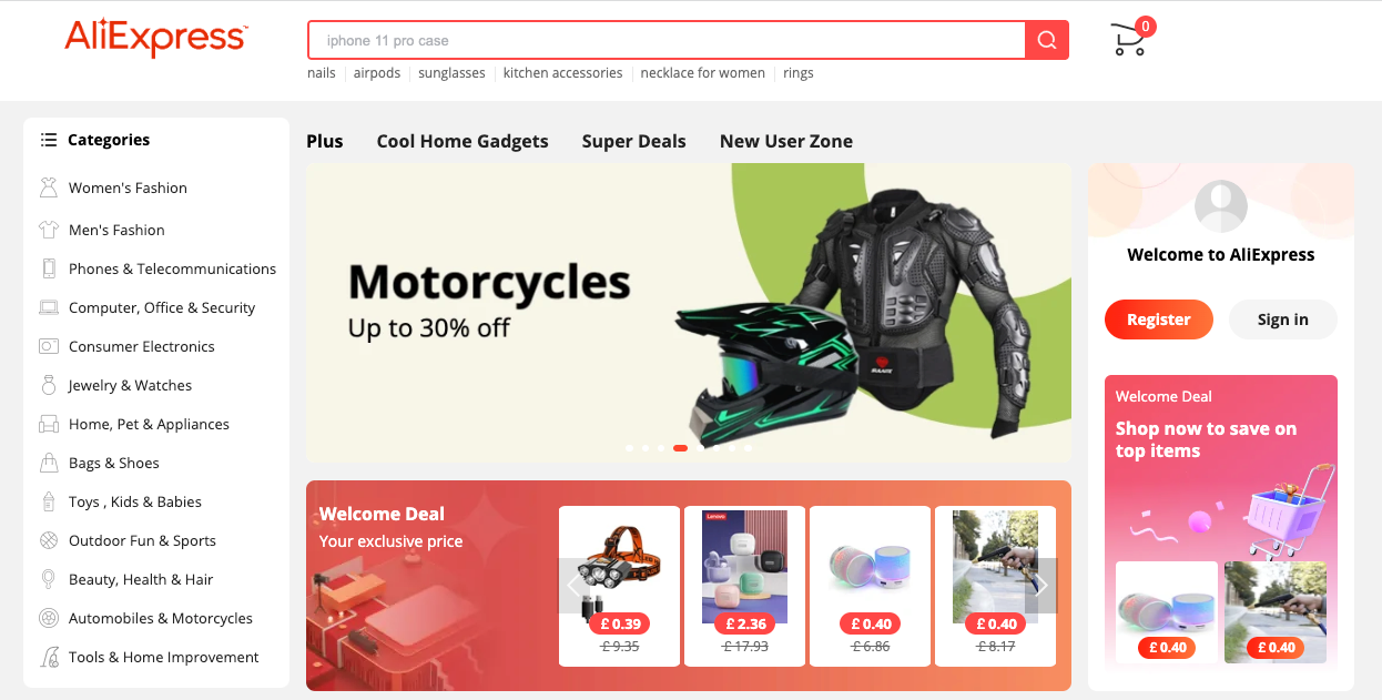 A screenshot of the AliExpress homepage featuring a 