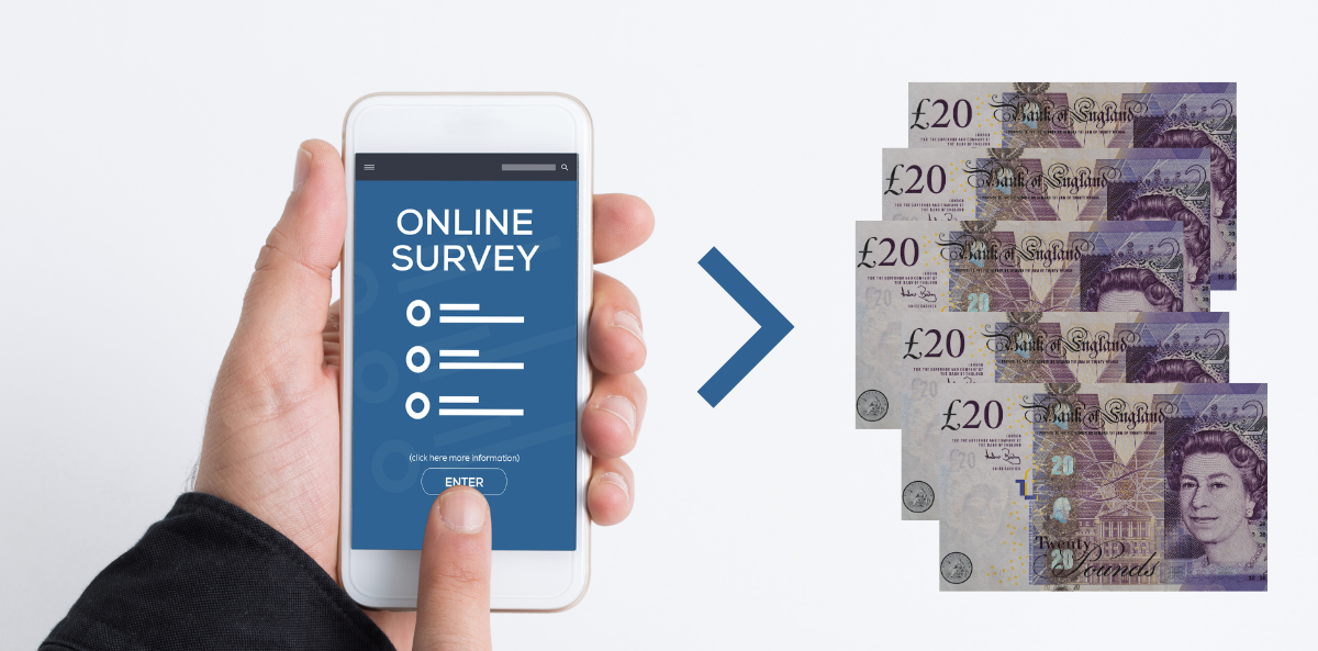 A hand holds a smartphone displaying an online survey, pointing to a stack of £20 British bank notes.