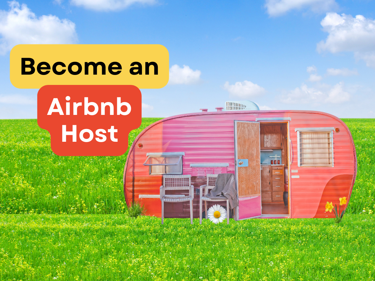 A pink vintage camper sits in a grassy meadow under a blue sky, with a yellow and red sign reading 